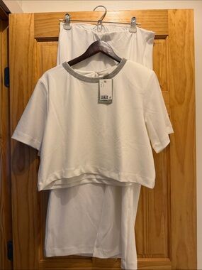 Women’s White Two-Piece Top and Skirt Set with Embellished Neckline
